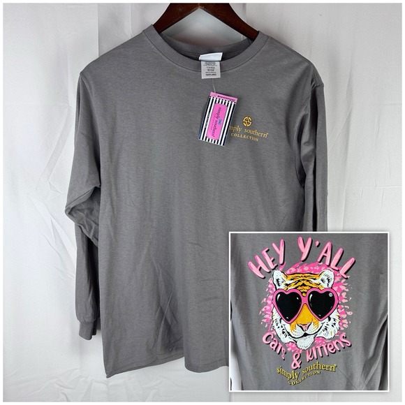 NWT Simply Southern T Shirt Youth Large Gray Cats and Kittens Long Sleeve - Picture 1 of 11